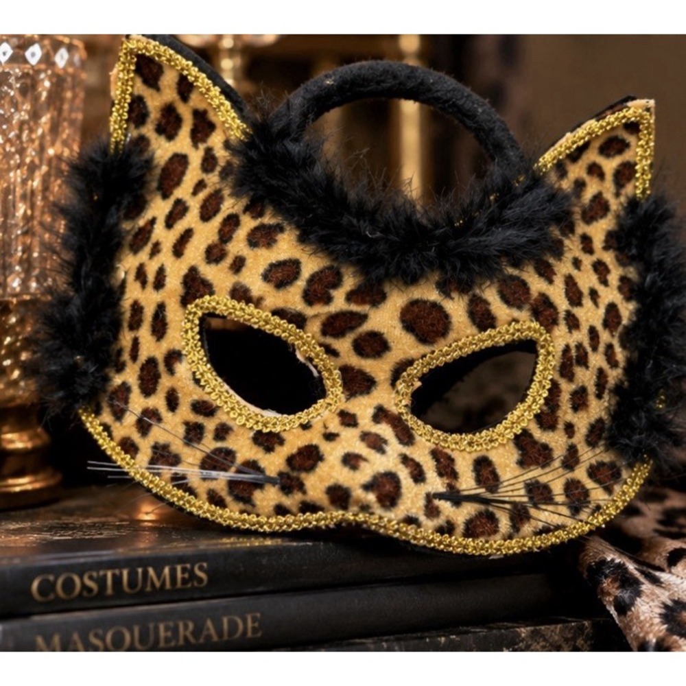Leopard Cat Masquerade Mask Headband Faux Fur Gold Halloween Costume Theater
